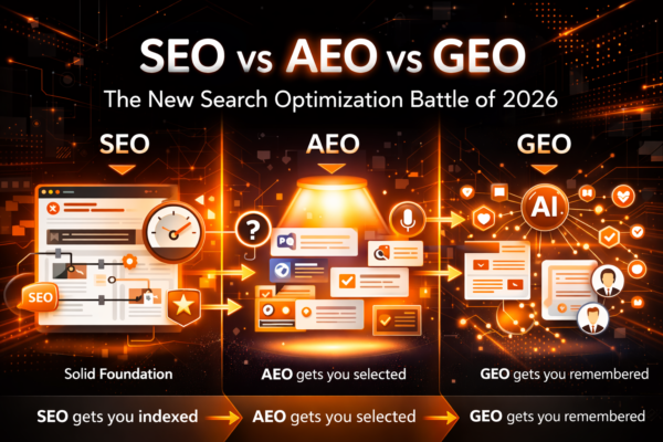 SEO vs AEO vs GEO – the new search optimization battle in 2026 with AI-driven strategies