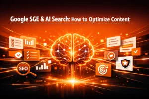 Glowing AI brain with SEO and content optimization icons representing Google SGE and AI Search optimization