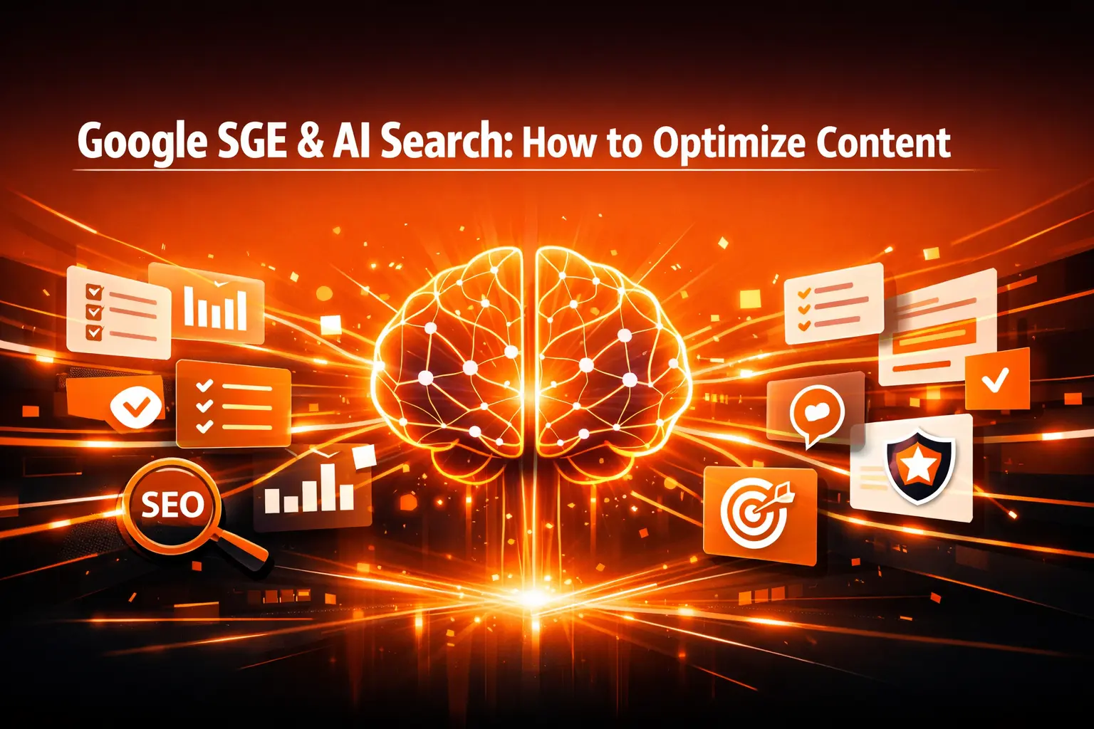 Glowing AI brain with SEO and content optimization icons representing Google SGE and AI Search optimization