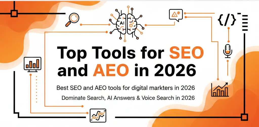 A modern blog banner featuring an AI brain icon and the text "Top Tools for SEO and AEO in 2026" with orange accents.