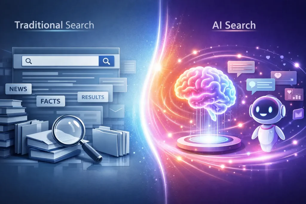 Illustration comparing traditional search engines with AI-powered search, showing document-based results on one side and an intelligent AI assistant with a glowing brain on the other.