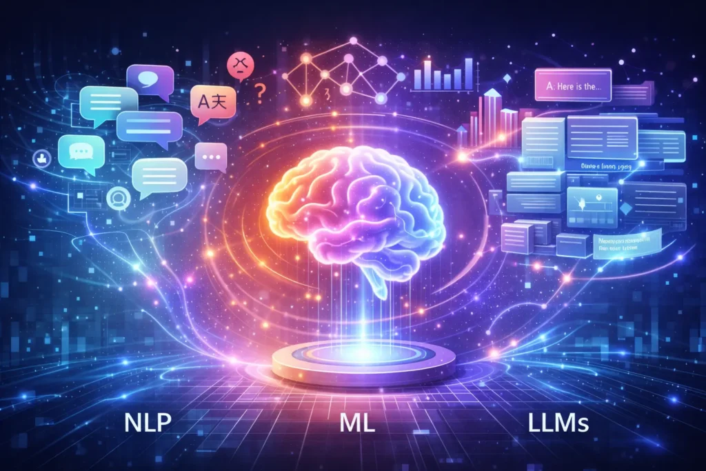 Illustration of an AI brain representing NLP, machine learning, and large language models, with data streams, chat bubbles, analytics, and connected systems.