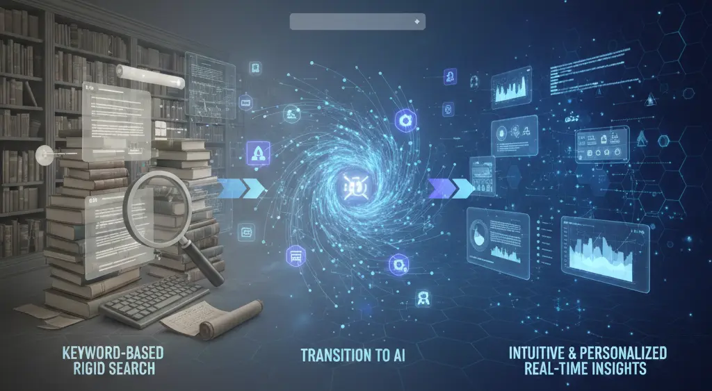 Visual showing the evolution from keyword-based rigid search to AI-driven search delivering intuitive, personalized, real-time insights.