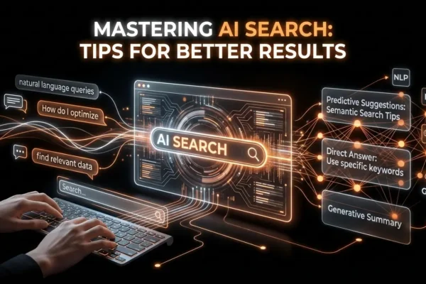 "Mastering AI Search," showing a user typing natural language queries on the left, which a central AI interface converts into predictive suggestions, direct answers, and generative summaries on the right.
