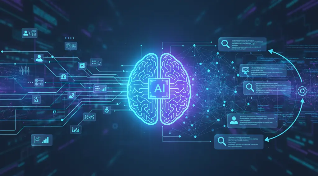 Visualization of an AI brain connecting data sources, search queries, and user insights through intelligent information processing.