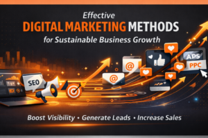 Digital marketing methods for sustainable business growth showing SEO, PPC, social media, and growth analytics in orange and black theme