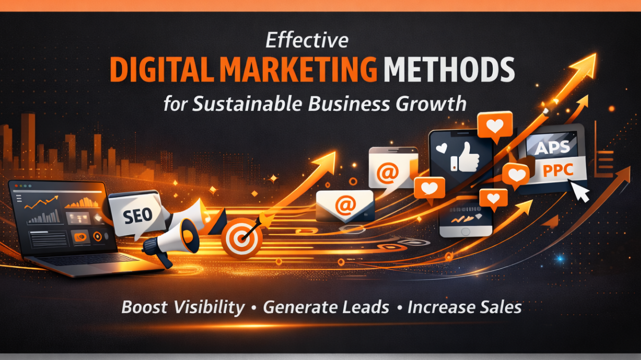 Digital marketing methods for sustainable business growth showing SEO, PPC, social media, and growth analytics in orange and black theme