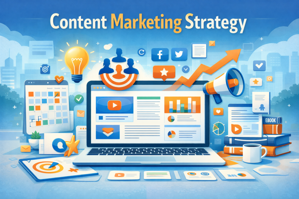 Content marketing strategy illustration showing blog content, video marketing, analytics, and audience targeting.