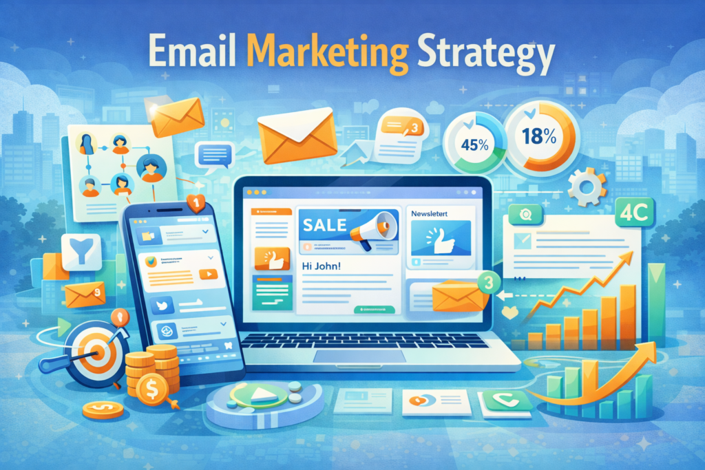 Email marketing strategy illustration featuring newsletters, automation, analytics, and customer engagement.