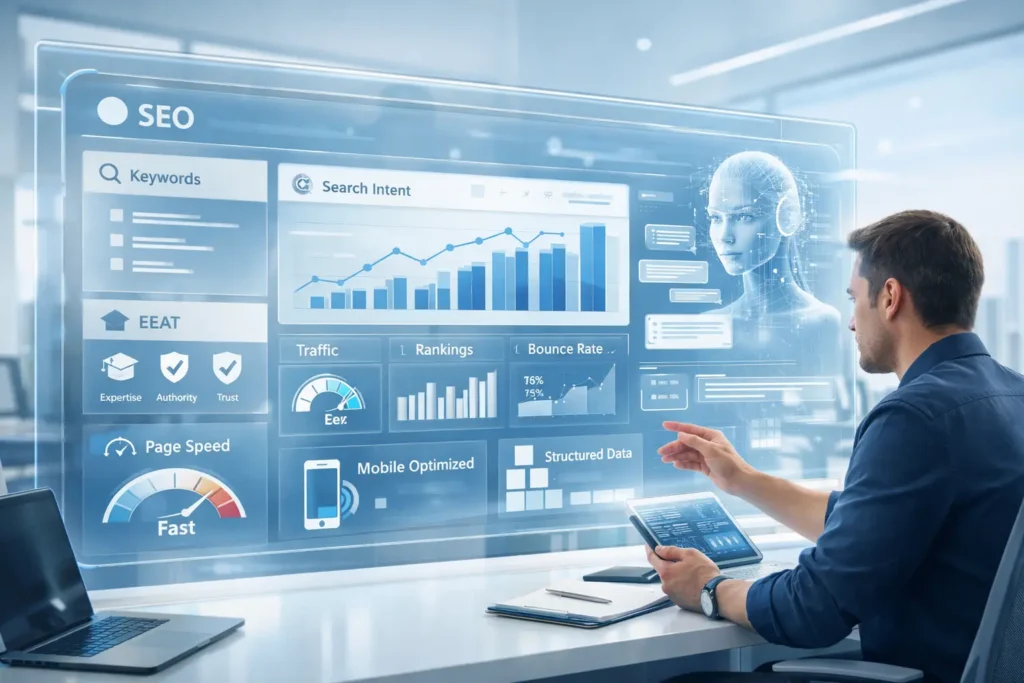 AI-powered SEO dashboard showing keyword performance, rankings, traffic, and page speed analytics