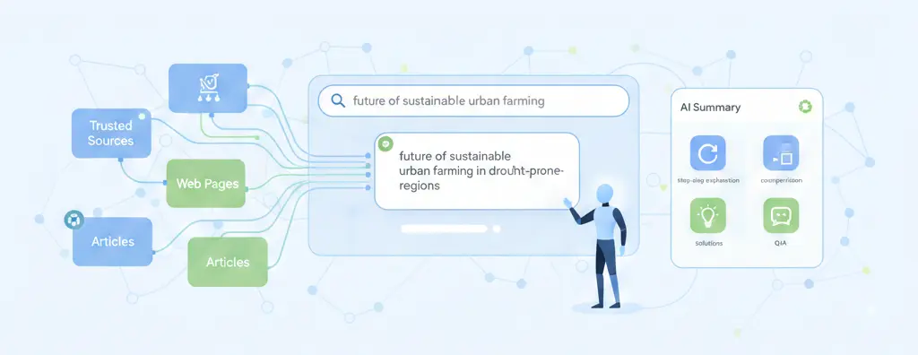 AI search interface showing trusted sources, web pages, and articles merging into an AI-generated answer