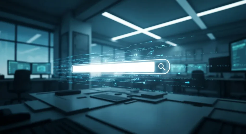 Futuristic digital search bar interface representing advanced search technology and AI-driven information retrieval.