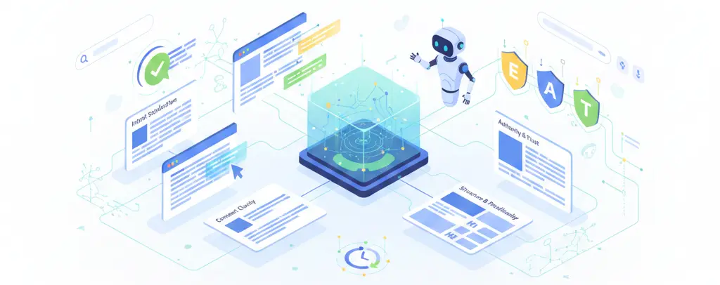 AI system analyzing content quality, authority, and E-A-T signals for search optimization