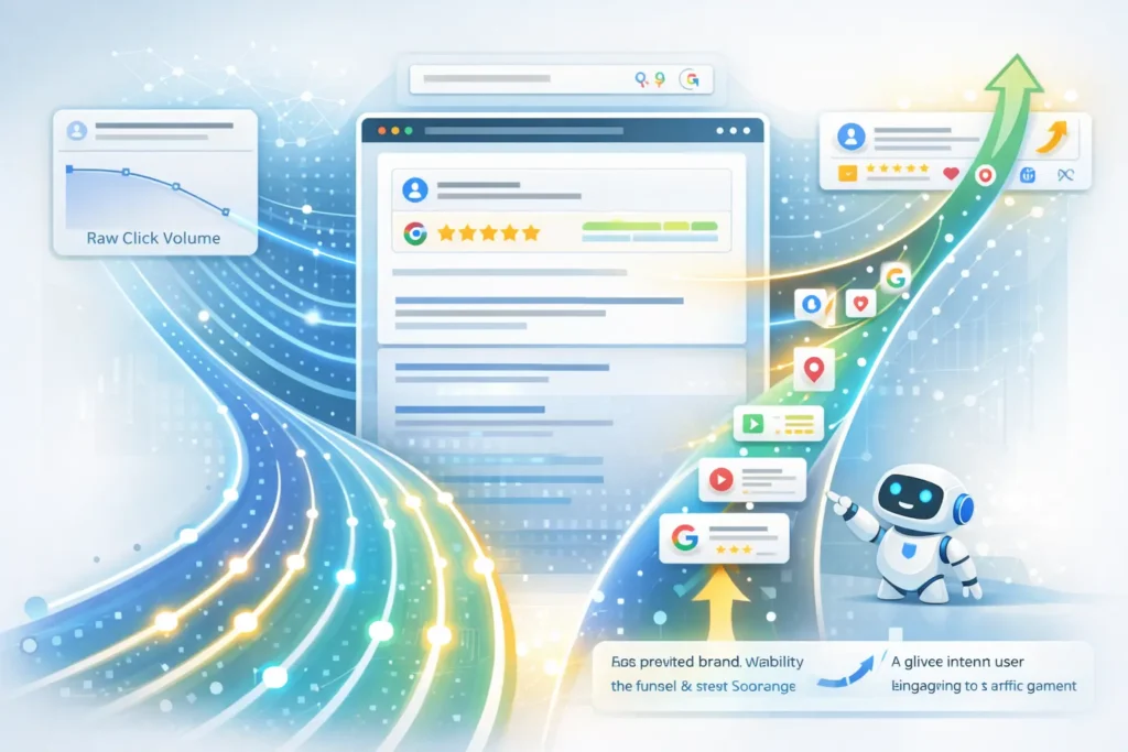 AI-driven SEO growth showing traffic quality improving while raw clicks decrease