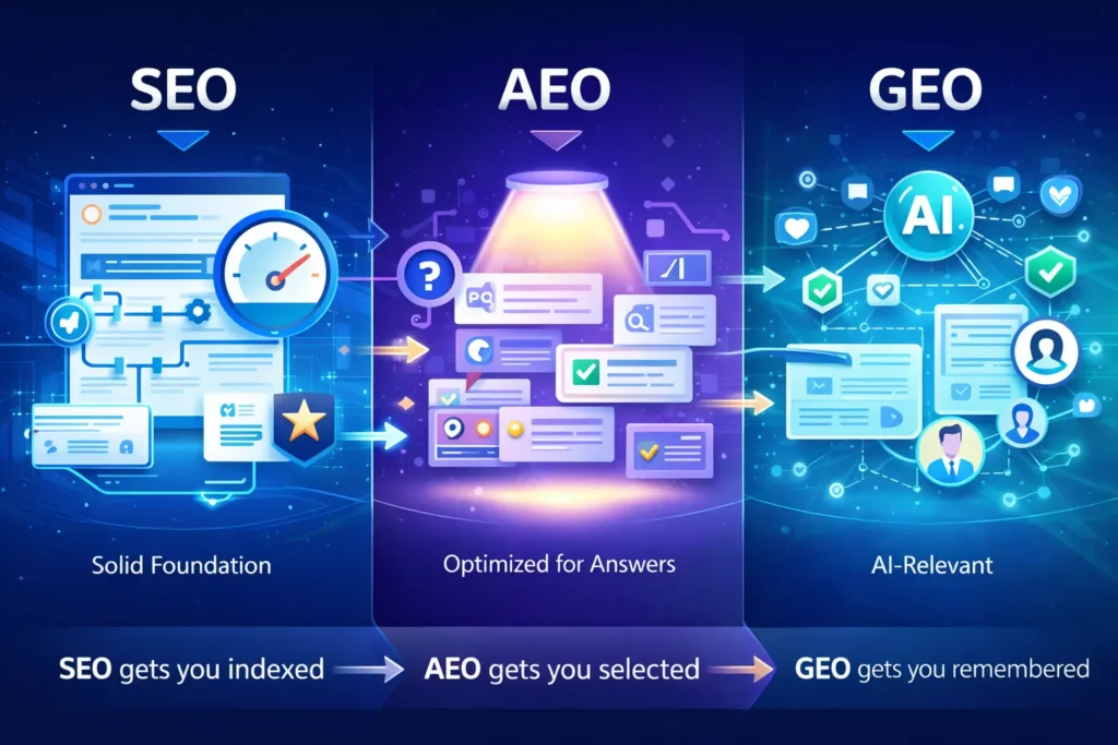 SEO vs AEO vs GEO comparison showing evolution from search optimization to AI-driven discovery