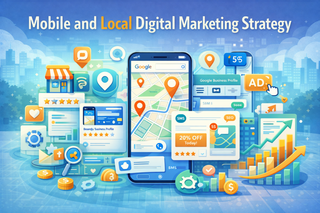 Mobile and local digital marketing strategy illustration with location targeting, Google Business Profile, and mobile ads.