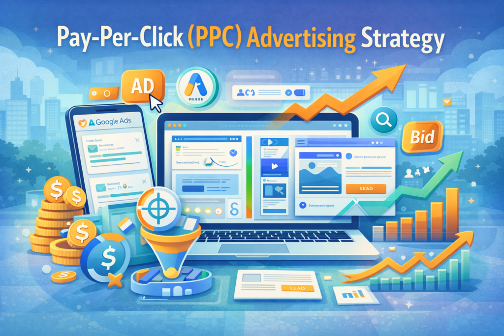 Pay-per-click advertising strategy illustration with Google Ads, bidding, targeting, and conversion tracking.
