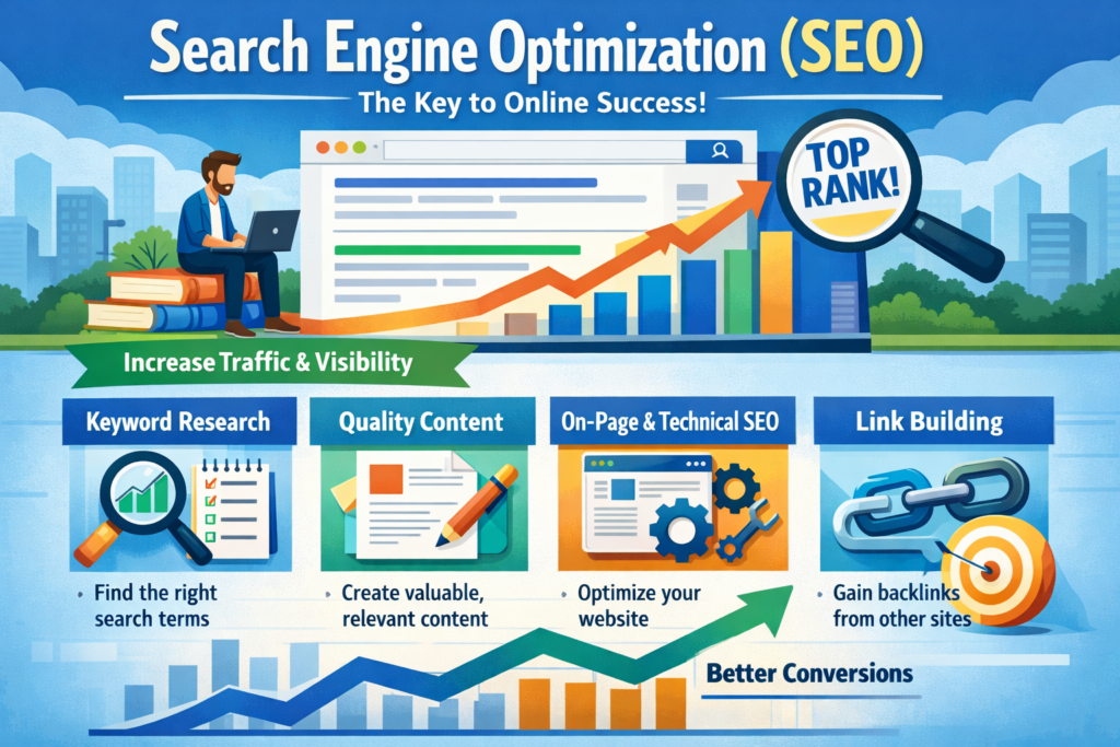 Search engine optimization strategy illustration with keyword research, on-page SEO, link building, and traffic growth.