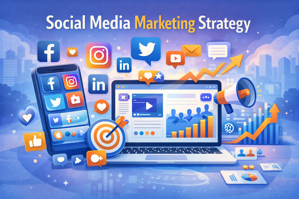 Social media marketing strategy illustration featuring Facebook, Instagram, LinkedIn, content engagement, and analytics.