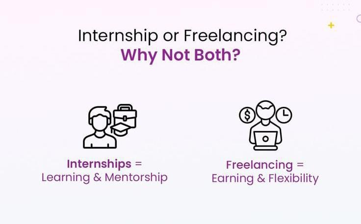 Internship or freelancing comparison explaining digital marketing internship and freelancing for beginners with learning, mentorship, earning, and flexibility