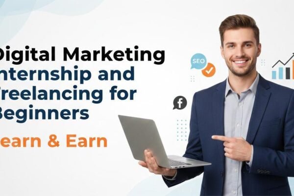 Digital marketing internship and freelancing for beginners learn and earn program with a professional holding a laptop
