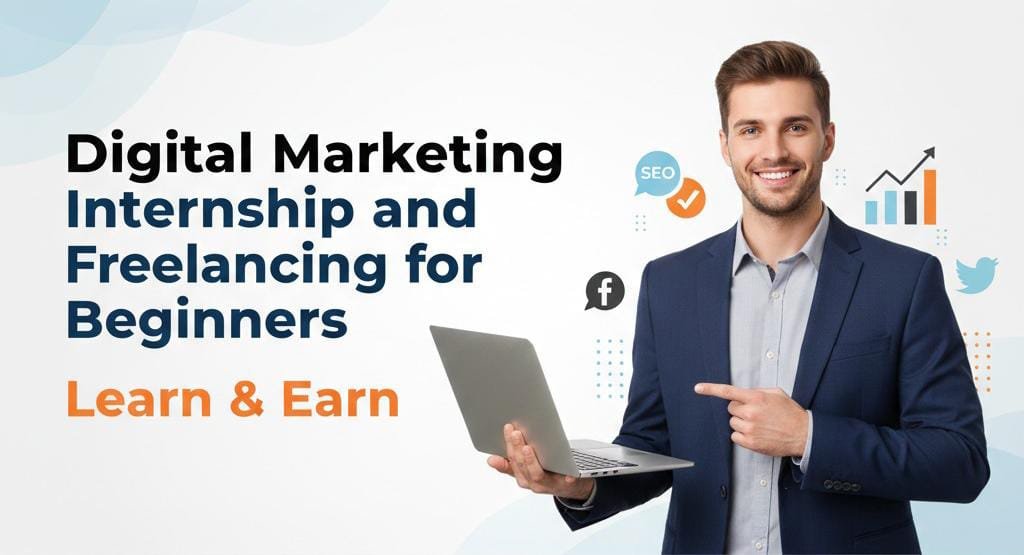 Digital marketing internship and freelancing for beginners learn and earn program with a professional holding a laptop