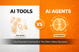 Difference between AI tools and AI agents showing task-based AI tools vs autonomous AI agents in a split comparison design