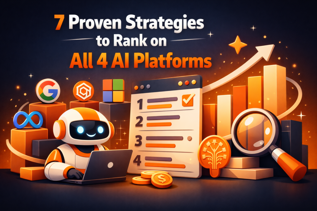 How to rank on AI search engines in 2026 concept with 3D robot, search rankings, and growth chart in orange theme