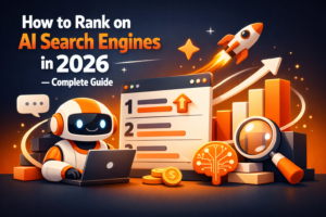 3D illustration of AI search engine ranking concept with robot, search results panel, and rising graph in orange and dark theme